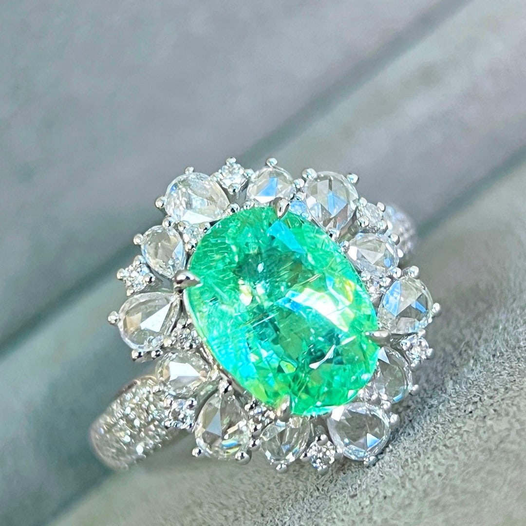 14k Gold 3.36 Ctw Natural Paraiba Tourmaline & Diamond Ring/pendant( Without Chain ): Ref:231112081 // gold content:14k gold // ring size:7. 25us // // main gemstone:paraiba tourmaline // shape:oval // carat weight:2. 18ct // color:green // treatment:natural // // adjacent gemstone 2