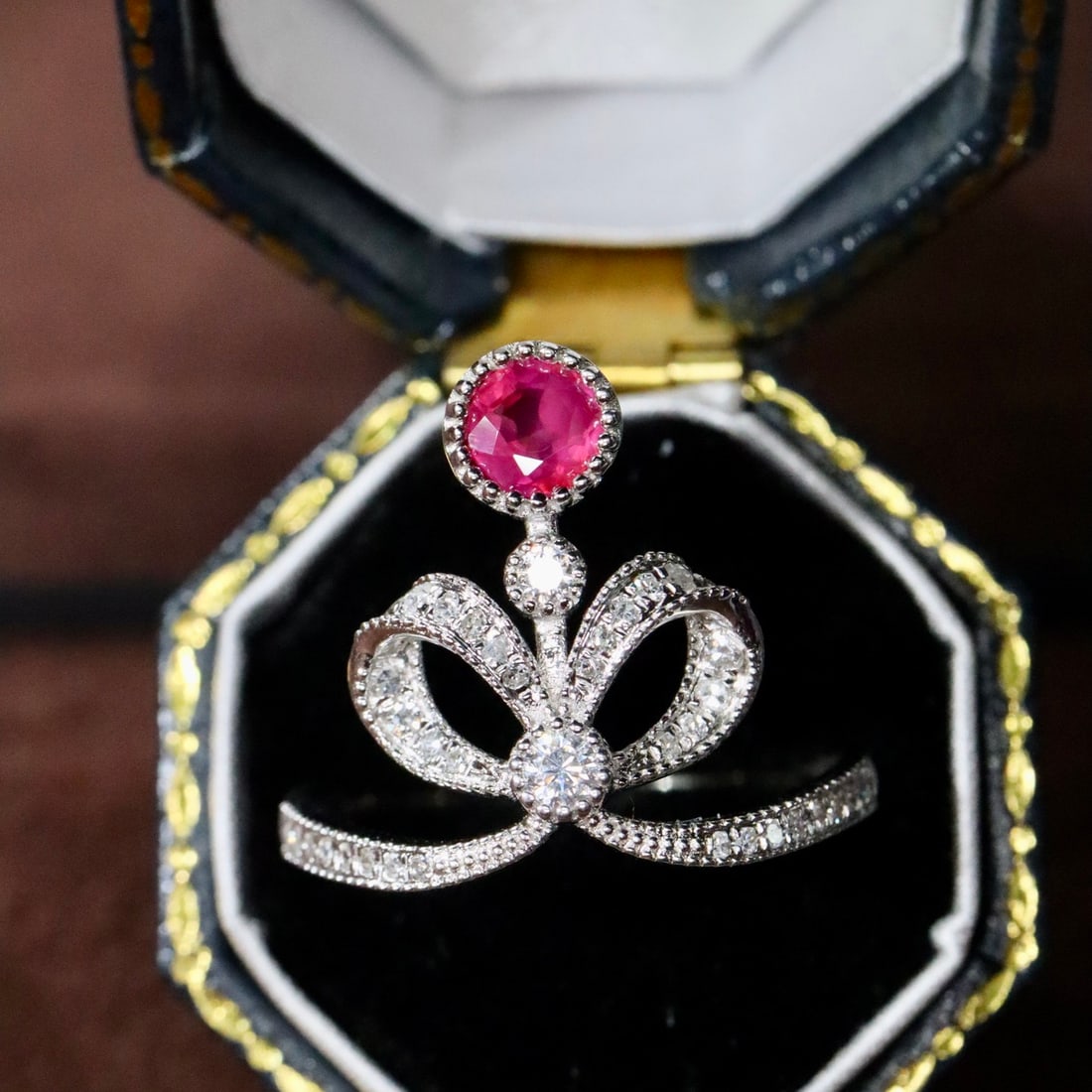 14k Gold 0.54 Ctw Natural Ruby & Diamond Ring: Ref:231112094 // gold content:14k gold // ring size:7. 25us // // main gemstone:ruby // shape:round // carat weight:0. 38ct // color:red // treatment:natural // cut grade:g // // adjacent gemstone 2
