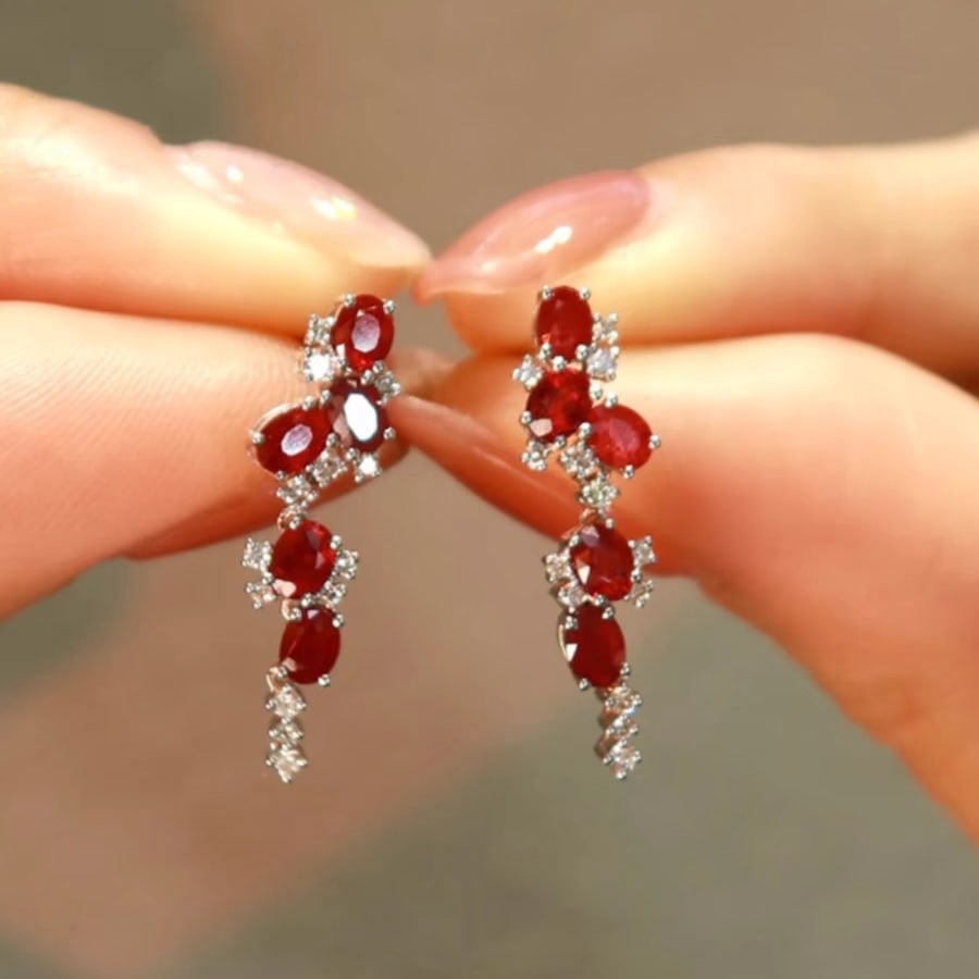 14k Gold 2 Ct Vivid Red Natural Ruby & Diamond Earrings - 2