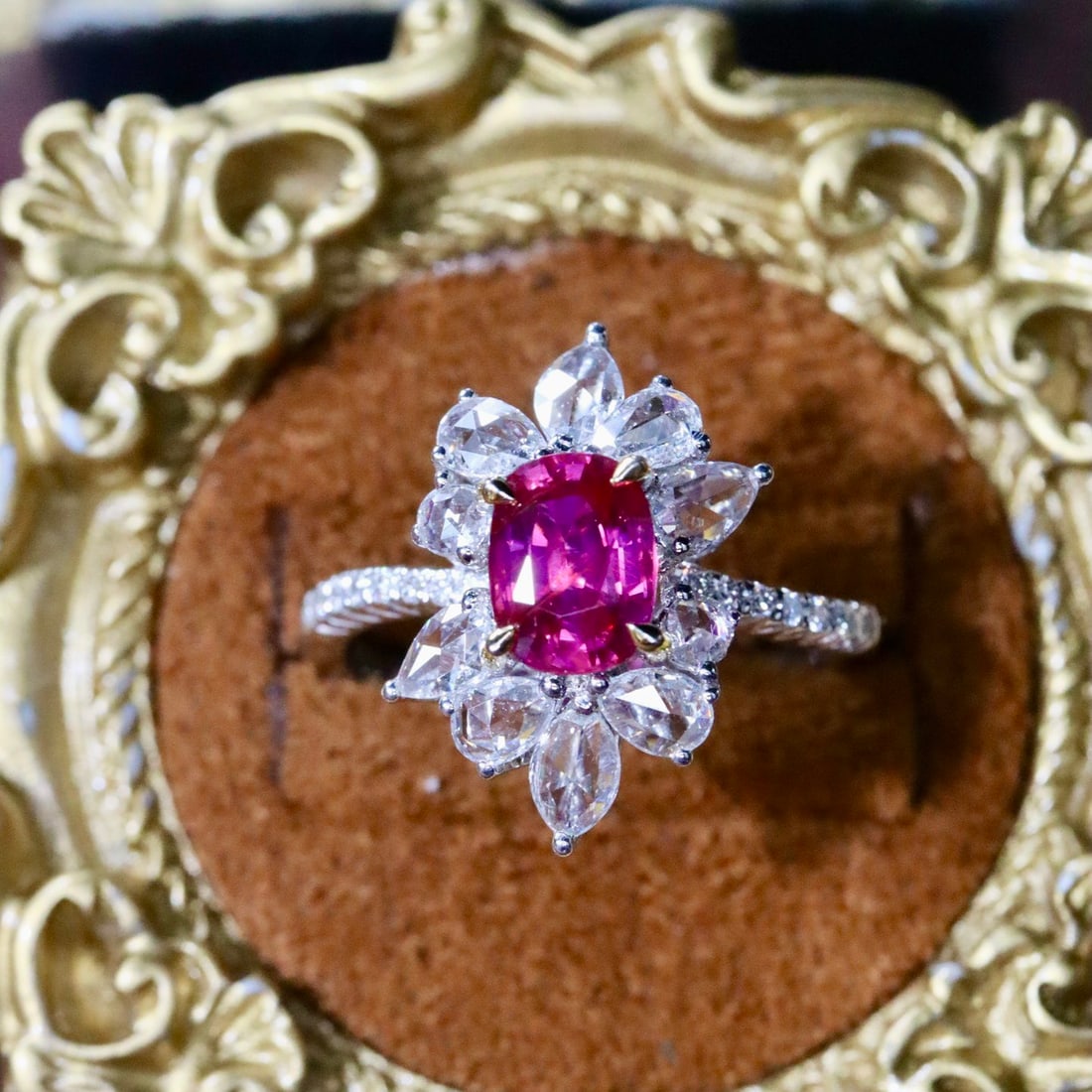 14k Gold 1.80 Ctw Natural Ruby & Diamond Ring: Ref:231112111 // gold content:14k gold // ring size:7. 25us // // main gemstone:ruby // shape:cushion // carat weight:1. 12ct // color:red // treatment:natural // // adjacent gemstone 2 : diamond //