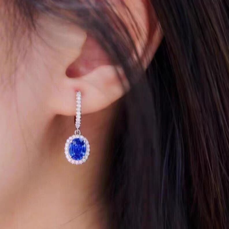 14k Gold 2 Ct Vivid Blue Natural Sapphire & Diamond Earrings - 5