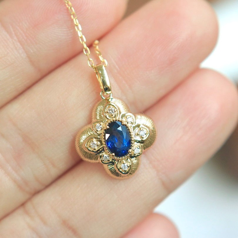 14k Gold 0.6 Ct Natural Sapphire & Diamond Necklace - 4