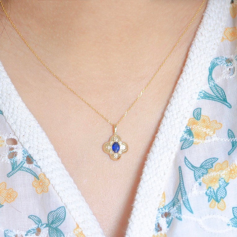 14k Gold 0.6 Ct Natural Sapphire & Diamond Necklace - 5