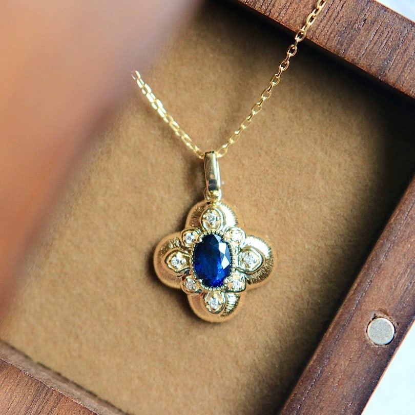 14k Gold 0.6 Ct Natural Sapphire & Diamond Necklace - 6