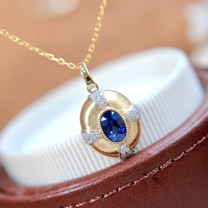 14k Gold 0.6 Ct Natural Sapphire & Diamond Pendant( Without Chain ) - 2
