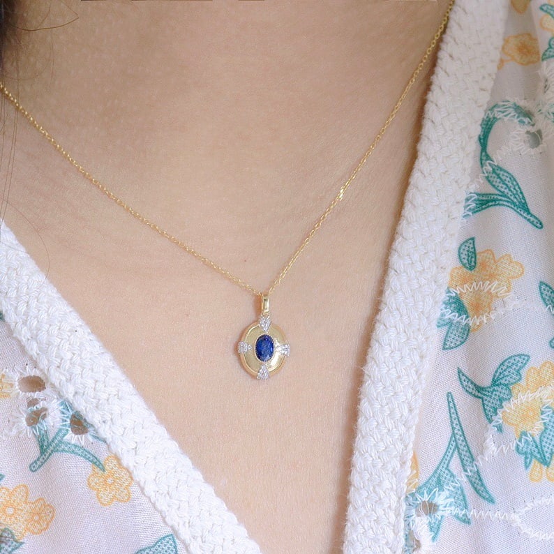 14k Gold 0.6 Ct Natural Sapphire & Diamond Pendant( Without Chain ) - 6