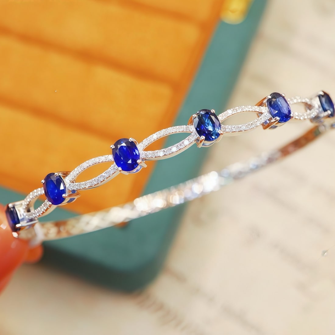 14k Gold 2.89 Ctw Natural Sapphire & Diamond Bangle - 3