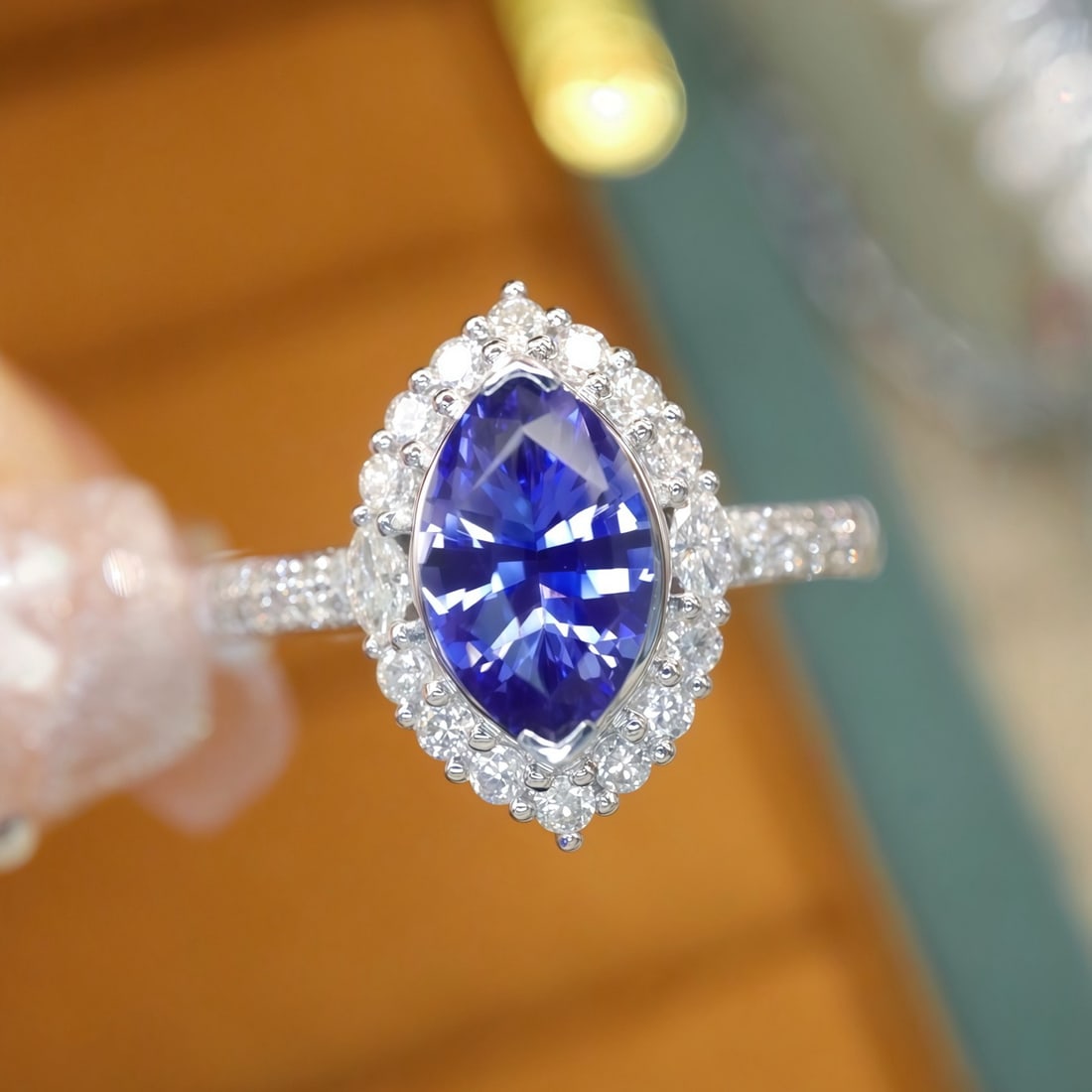 14k Gold 1.97 Ctw Natural Sapphire & Diamond Ring: Ref:231112178 // gold content:14k gold // ring size:7. 25us // // main gemstone:sapphire // shape:marquise // carat weight:1. 62ct // color:blue // treatment:natural // // adjacent gemstone 2 :