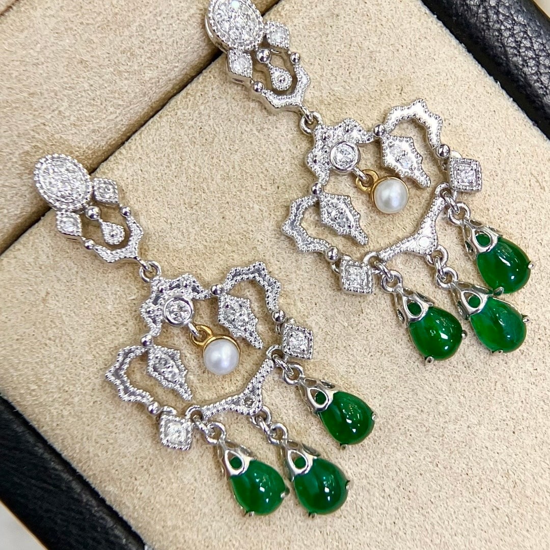 14k Gold 2.59 Ctw Vivid Green Natural Emerald & Diamond Earrings - 5