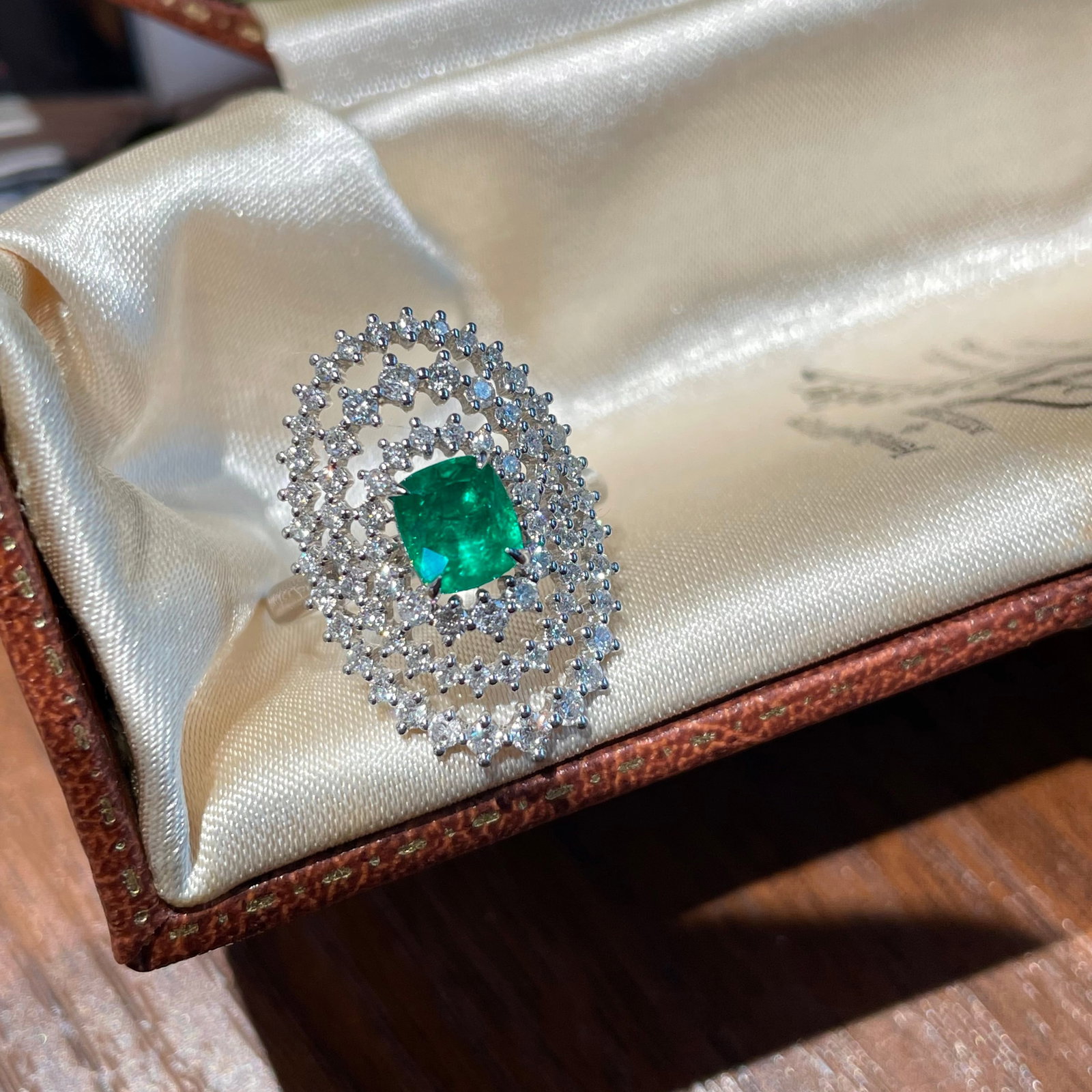 14k Gold 2.22 Ctw Vivid Green Natural Emerald & Diamond Ring: Ref:231112192 // gold content:14k gold // ring size:7. 25us // // main gemstone:emerald // shape:cushion // carat weight:1. 17ct // color:vivid green // treatment:natural // // adjacent gemstone 2 : d