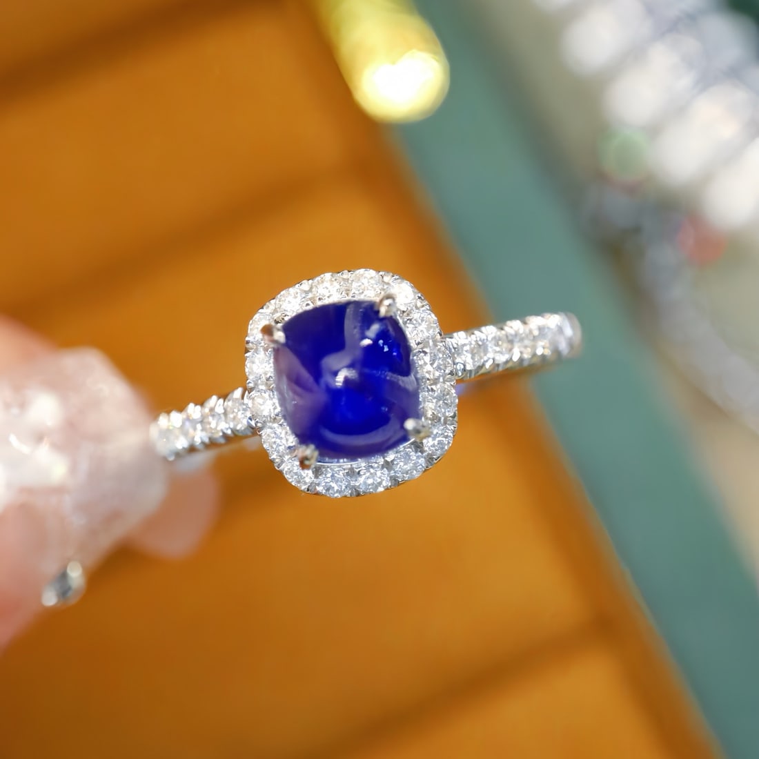 14k Gold 2.02 Ctw Natural Sapphire & Diamond Ring: Ref:231112204 // gold content:14k gold // ring size:7. 25us // // main gemstone:sapphire // shape:sugar-loaf // carat weight:1. 76ct // color:royal blue // treatment:natural // // adjacent gemstone 2