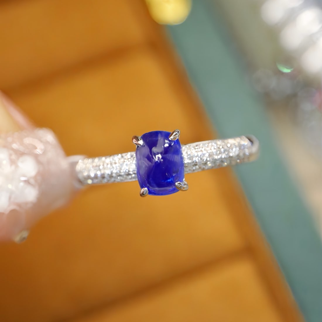 14k Gold 0.99 Ctw Natural Sapphire & Diamond Ring: Ref:231112210 // gold content:14k gold // ring size:7. 25us // // main gemstone:sapphire // shape:sugar-loaf // carat weight:0. 85ct // color:royal blue // treatment:natural // // adjacent gemstone 2