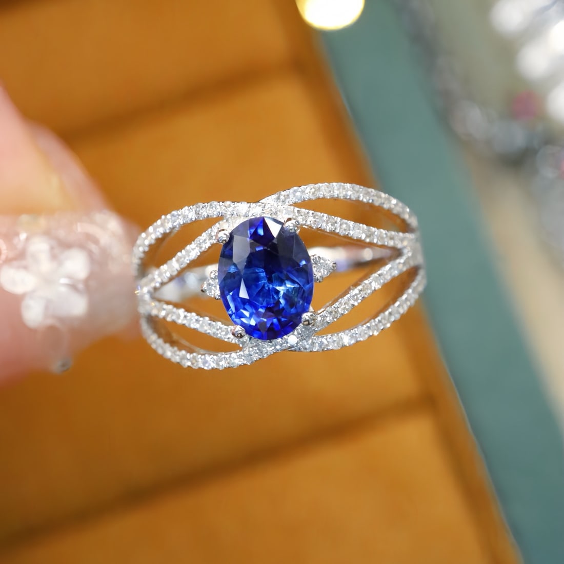14k Gold 1.52 Ctw Natural Sapphire & Diamond Ring: Ref:231112213 // gold content:14k gold // ring size:7. 25us // // main gemstone:sapphire // shape:oval // carat weight:1. 18ct // color:royal blue // treatment:natural // // adjacent gemstone 2 :