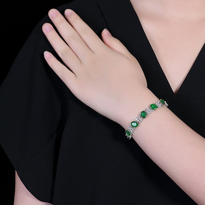 14k Gold 12.13 Ctw Vivid Green Natural Emerald & Sapphire Bracelet - 7