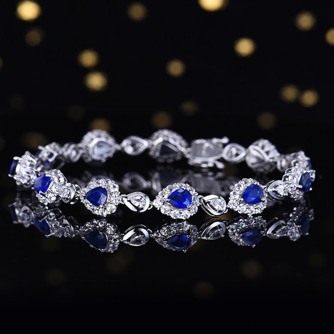 14k Gold 8.41 Ctw Vivid Blue Natural Sapphire & Sapphire Bracelet - 2