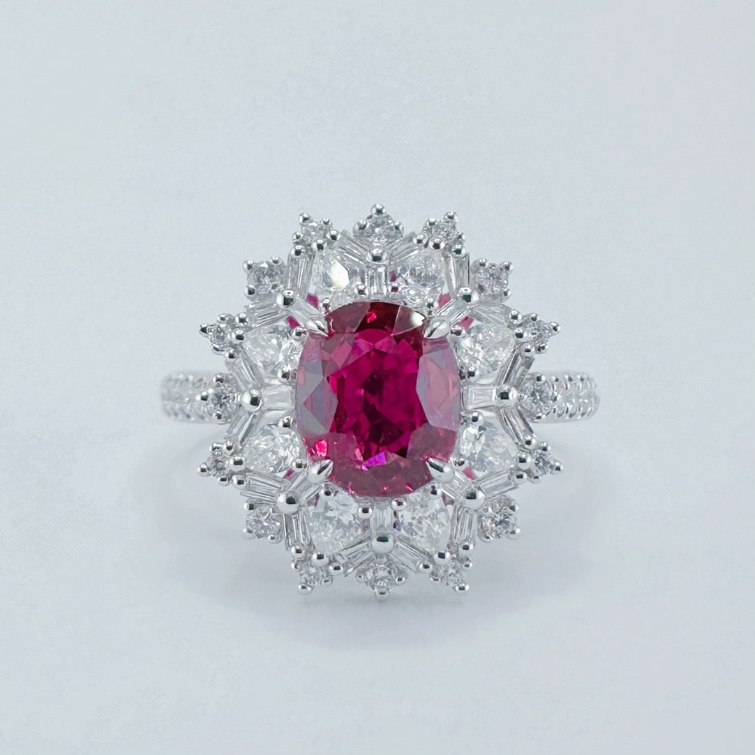 14k Gold 2.23 Ctw Natural Ruby & Diamond Ring: Ref:231112259 // gold content:14k gold // ring size:7. 25us // // main gemstone:ruby // shape:oval // carat weight:1. 57ct // color:red // treatment:natural // // adjacent gemstone 2 : diamond //