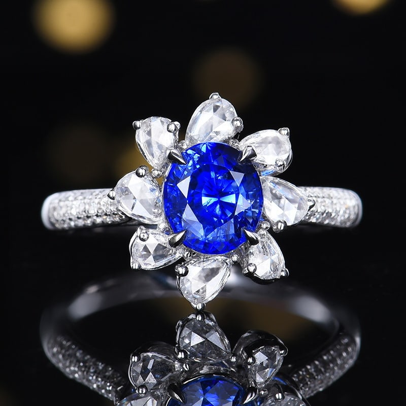 14k Gold 2.57 Ctw Natural Sapphire & Diamond Ring: Ref:231112270 // gold content:14k gold // ring size:7. 25us // // main gemstone:sapphire // shape:oval // carat weight:1. 94ct // color:royal blue // treatment:natural // // adjacent gemstone 2 :