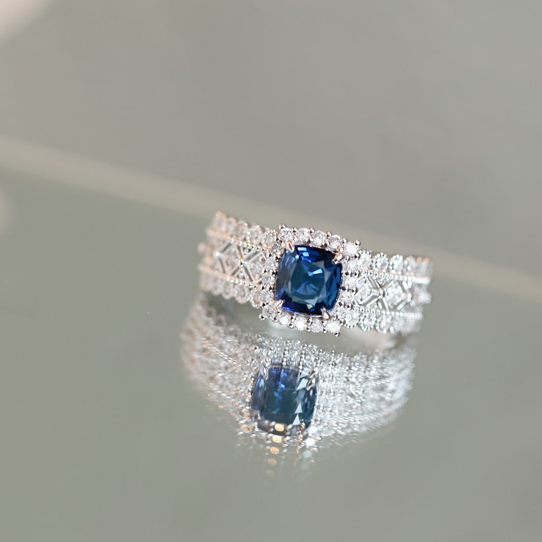 14k Gold 1.72 Ctw Natural Sapphire & Diamond Ring: Ref:231112376 // gold content:14k gold // ring size:7. 25us // // main gemstone:sapphire // shape:cushion // carat weight:1. 25ct // color:blue // treatment:natural // // adjacent gemstone 2 :