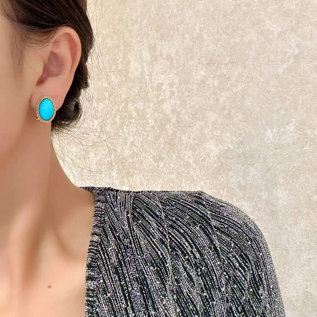 14k Gold 7.83 Ct Natural Blue Turquoise Earrings - 4