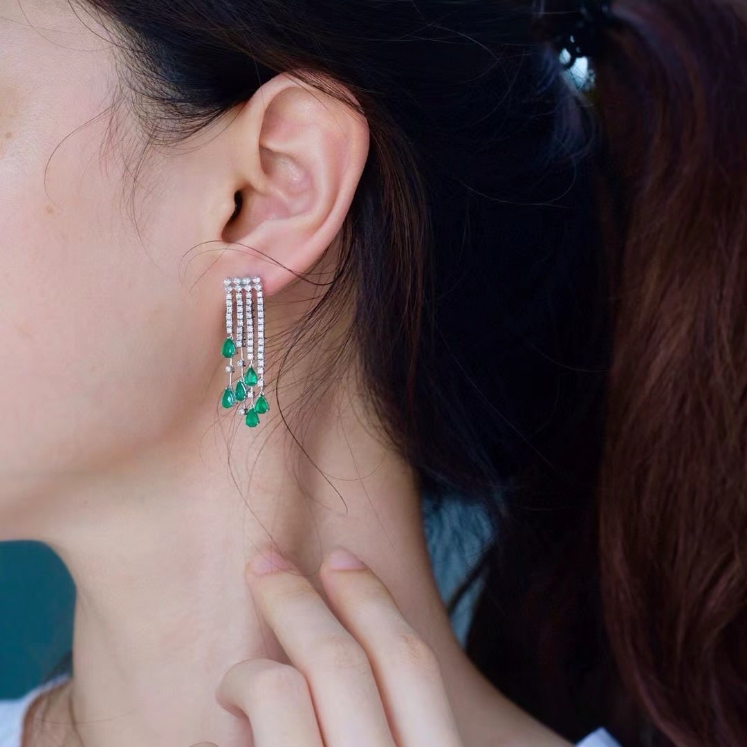 14k Gold 2.3 Ct Vivid Green Natural Emerald & Diamond Earrings - 5