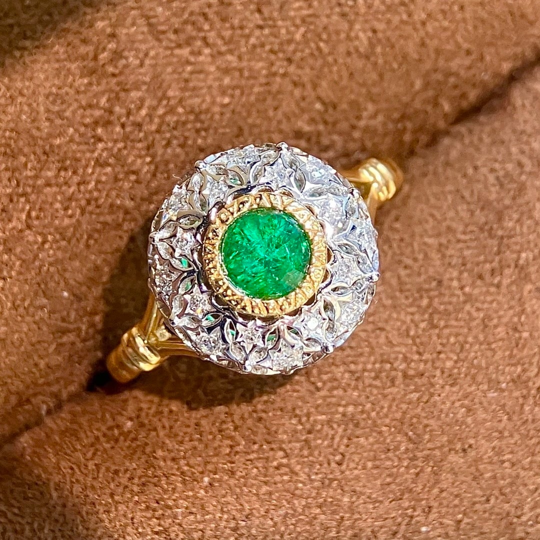 14k Gold 0.66 Ctw Vivid Green Natural Emerald & Diamond Ring: Ref:231112420 // gold content:14k gold // ring size:7. 25us // // main gemstone:emerald // shape:round // carat weight:0. 38ct // color:vivid green // treatment:natural // cut grade:g // // adjacent