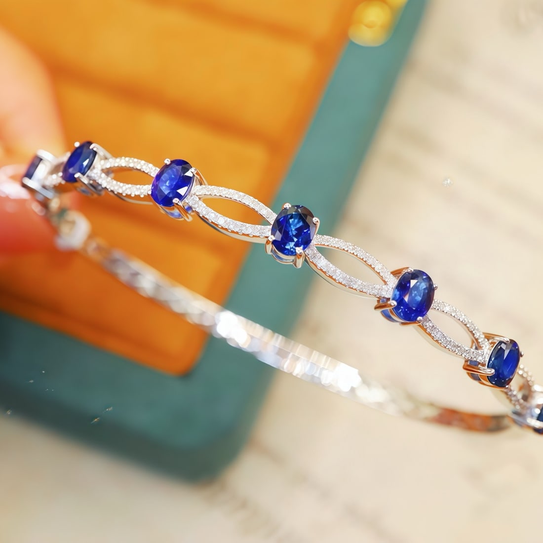 14k Gold 2.89 Ctw Natural Sapphire & Diamond Bangle - 2
