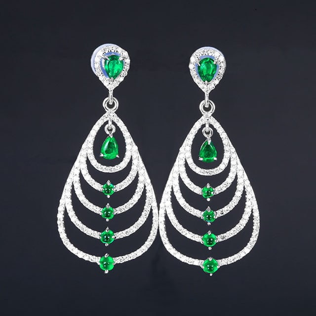 14k Gold 1.56 Ctw Vivid Green Natural Emerald & Diamond Earrings: Ref:231109007 // gold content:14k gold // main gemstone:emerald // shape:multiple // carat weight:0. 85ct // color:vivid green // treatment:natural // // adjacent gemstone 2 : diamond // number of