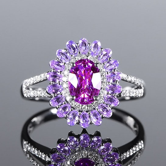 14k Gold 1.79 Ctw Natural Sapphire & Sapphire Ring: Ref:231109032 // gold content:14k gold // ring size:7. 25us // // main gemstone:sapphire // shape:oval // carat weight:1. 02ct // color:purple // treatment:natural // // adjacent gemstone 2 :