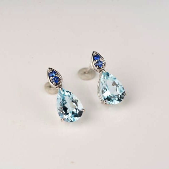 14k Gold 3.68 Ct Natural Aquamarine & Sapphire Earrings - 8