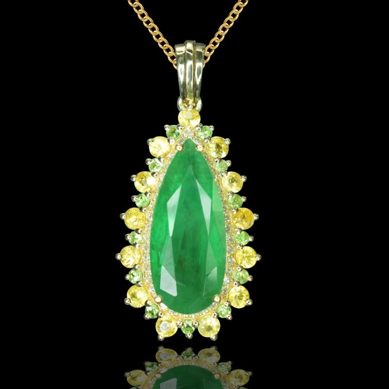 14k Gold 3.48 Ctw Natural Emerald & Sapphire Pendant( Without Chain ): Ref:231109063 // gold content:14k gold // main gemstone:emerald // shape:pear // carat weight:3. 05ct // color:green // treatment:natural // // adjacent gemstone 2 : sapphire // shape:round // carat