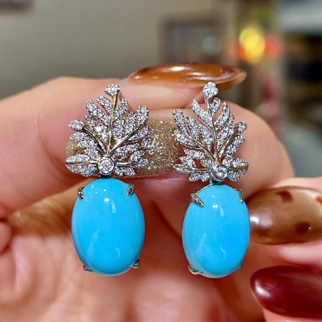 14k Gold 11.01 Ctw Natural Blue Turquoise & Diamond Earrings: Ref:231109091 // gold content:14k gold // main gemstone:blue turquoise // shape:oval // carat weight:10. 68ct // color:blue // treatment:natural // // adjacent gemstone 2 : diamond // shape:round //