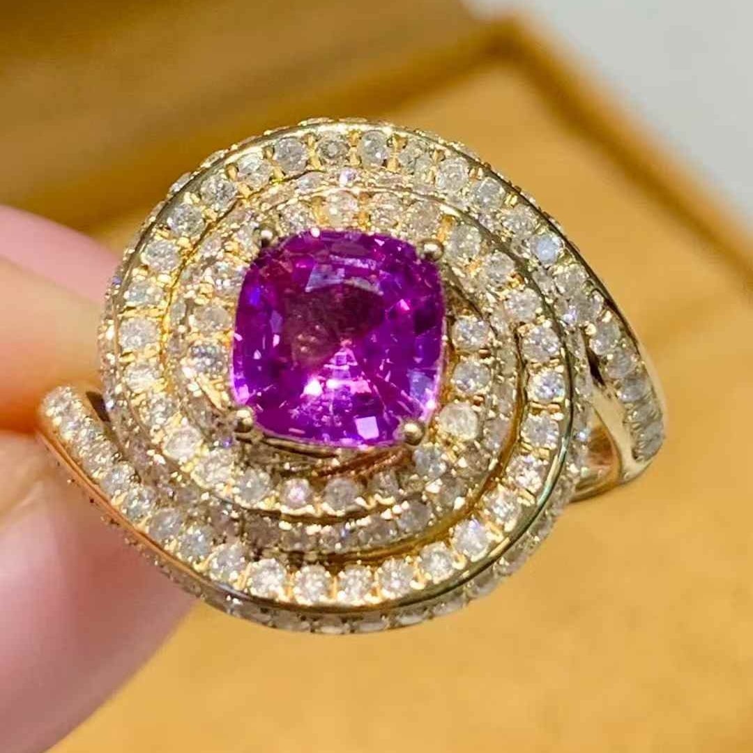 14k Gold 1.1 Ct Natural Sapphire & Diamond Ring: Ref:231109103 // gold content:14k gold // ring size:7. 25us // // main gemstone:sapphire // shape:cushion // carat weight:1. 1ct // color:purple // treatment:natural // // adjacent gemstone 2 :