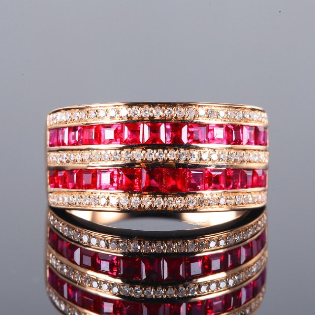 14k Gold 2.24 Ctw Natural Ruby & Diamond Ring: Ref:231109150 // gold content:14k gold // ring size:7. 25us // // main gemstone:ruby // shape:square // carat weight:1. 98ct // color:red // treatment:natural // // adjacent gemstone 2 : diamond //