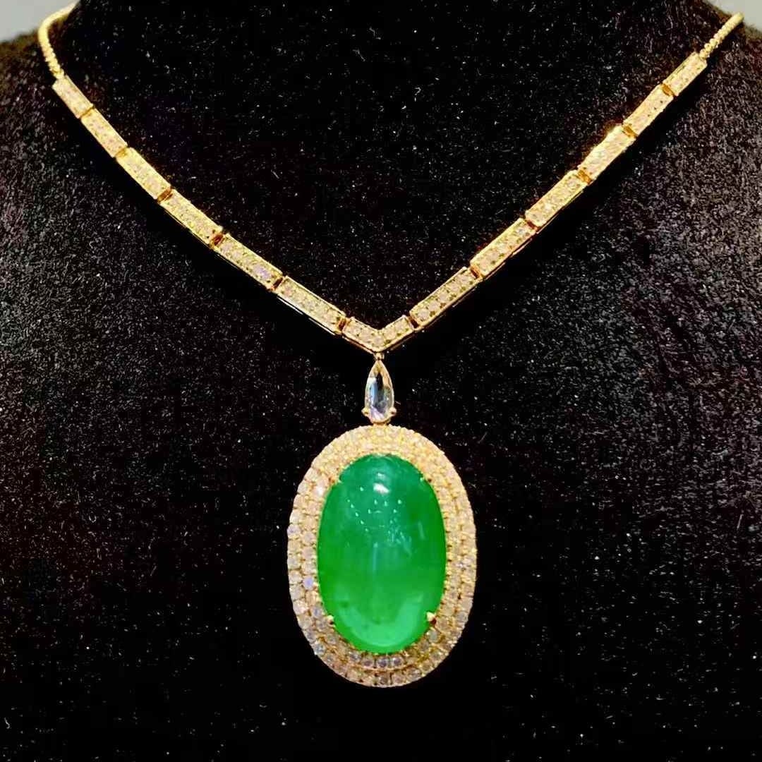 14k Gold 6.65 Ct Natural Emerald & Diamond Necklace: Ref:231109153 // gold content:14k gold // main gemstone:emerald // shape:oval // carat weight:6. 65ct // color:green // treatment:natural // // adjacent gemstone 2 : diamond // shape:round // clarity