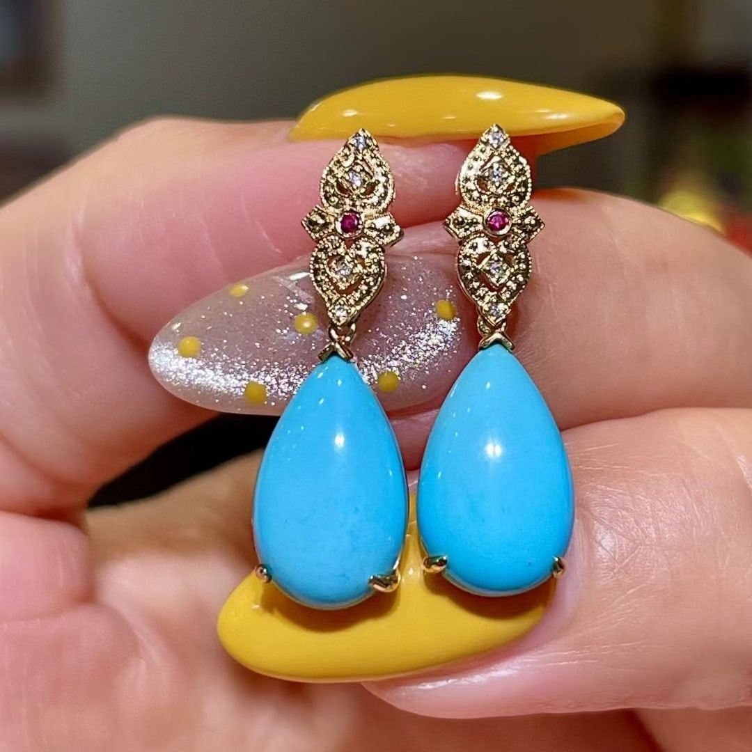 14k Gold 5.68 Ct Natural Blue Turquoise & Diamond & Ruby Earrings: Ref:231109177 // gold content:14k gold // main gemstone:blue turquoise // shape:pear // carat weight:5. 68ct // color:blue // treatment:natural // // adjacent gemstone 2 : diamond // shape:round // cl