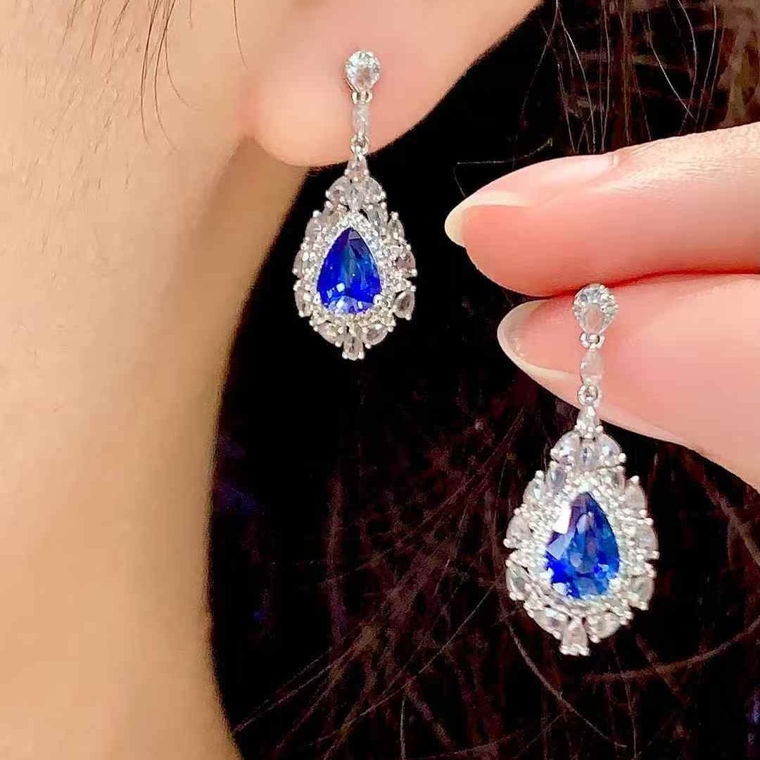 14k Gold 1.8 Ct Natural Sapphire & Diamond Earrings - 6