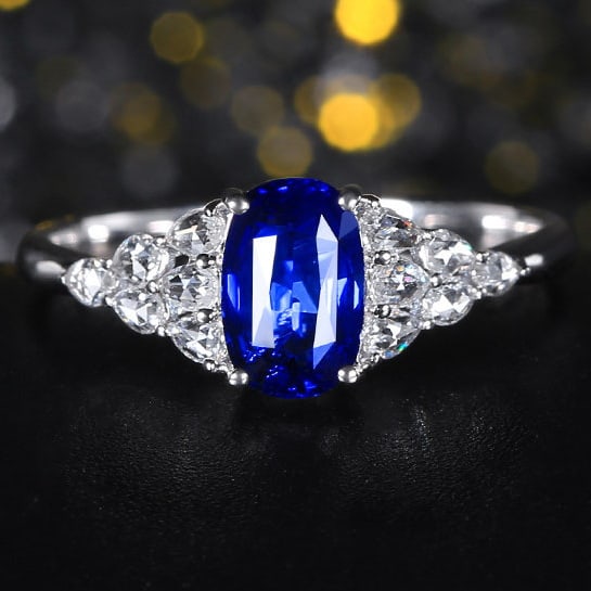 14k Gold 1.42 Ctw Natural Sapphire & Diamond Ring: Ref:231109192 // gold content:14k gold // ring size:7. 25us // // main gemstone:sapphire // shape:oval // carat weight:1. 20ct // color:blue // treatment:natural // // adjacent gemstone 2 : diamond