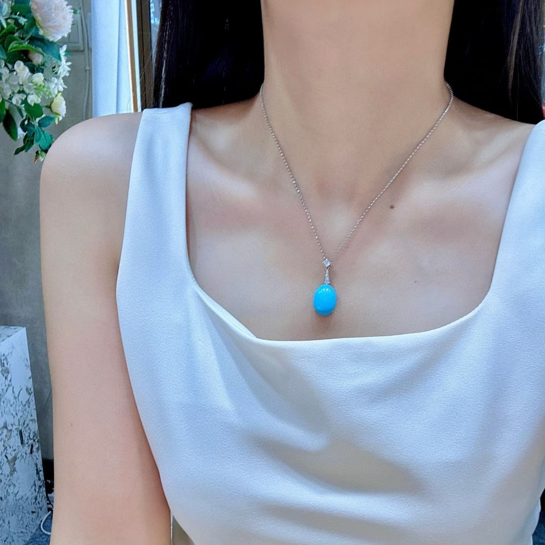 14k Gold 10.11 Ctw Natural Blue Turquoise & Diamond Necklace - 4
