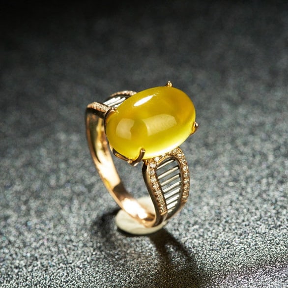 14k Gold 6.1 Ct Natural Prehnite & Diamond Ring - 6