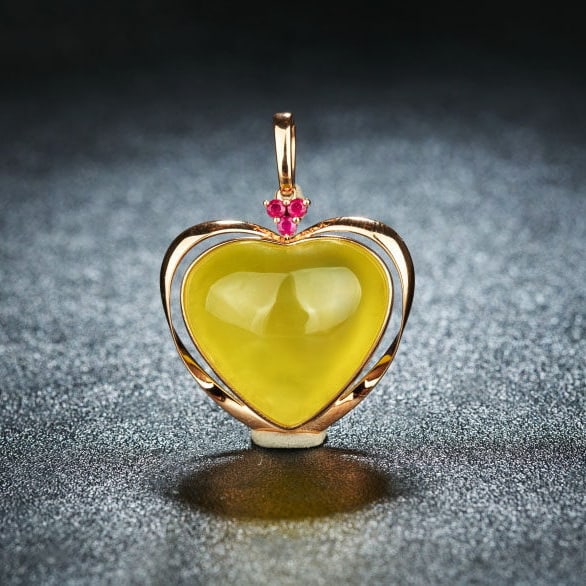 14k Gold 30.58 Ct Natural Prehnite & Ruby Pendant( Without Chain ): Ref:231109218 // gold content:14k gold // main gemstone:prehnite // shape:heart // carat weight:30. 58ct // color:yellow // treatment:natural // // adjacent gemstone 2 : ruby // shape:round //
