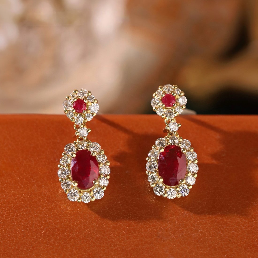 14k Gold 1.92 Ctw Natural Ruby & Diamond Earrings: Ref:231109245 // gold content:14k gold // main gemstone:ruby // shape:multiple // carat weight:1. 12ct // color:red // treatment:natural // // adjacent gemstone 2 : diamond // shape:round // carat