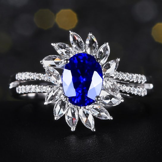 14k Gold 1.92 Ctw Natural Sapphire & Diamond Ring: Ref:231110009 // gold content:14k gold // ring size:7. 25us // // main gemstone:sapphire // shape:oval // carat weight:1. 51ct // color:royal blue // treatment:natural // // adjacent gemstone 2 :