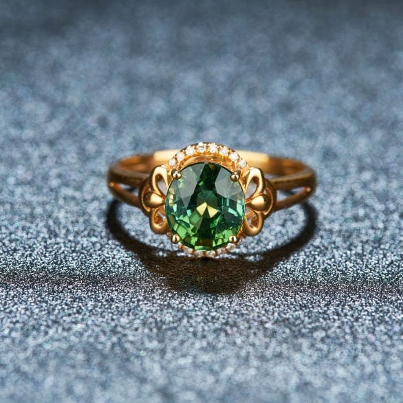 14k Gold 2.05 Ct Natural Tourmaline & Diamond Ring: Ref:231110010 // gold content:14k gold // ring size:7. 25us // // main gemstone:tourmaline // shape:oval // carat weight:2. 05ct // color:green // treatment:natural // // adjacent gemstone 2 :
