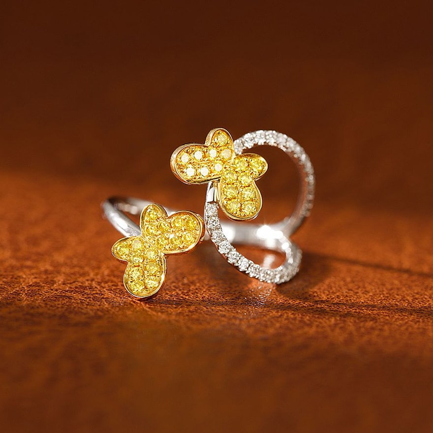 14k Gold 0.40 Ct Natural Color Diamond & Butterfly Ring: Ref:231110011 // gold content:14k gold // ring size:7. 25us // // main gemstone:diamond // shape:round // carat weight:0. 40ct // clarity grade:vs-si // color:color // treatment:natural // cut