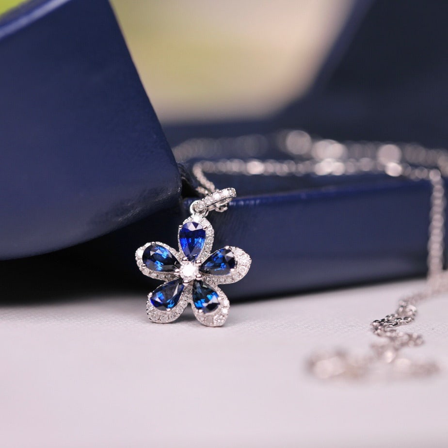 14k Gold 1.35 Ct Natural Sapphire & Diamond Necklace - 7