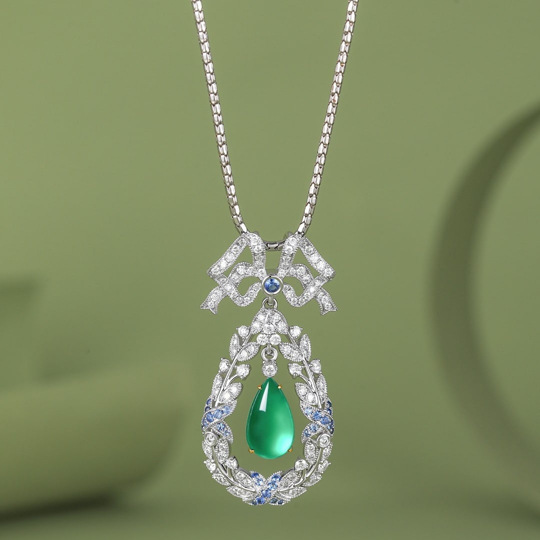 14k Gold 1.05 Ct Natural Emerald & Diamond & Sapphire Pendant( Without Chain ): Ref:231110093 // gold content:14k gold // main gemstone:emerald // shape:pear // carat weight:1. 05ct // color:green // treatment:natural // // adjacent gemstone 2 : diamond // shape:round // clarity