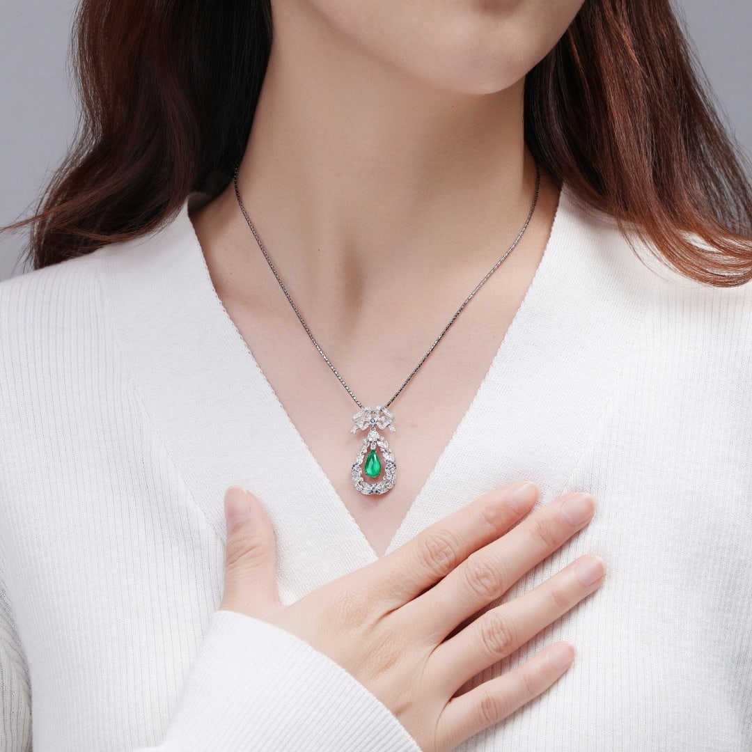 14k Gold 1.05 Ct Natural Emerald & Diamond & Sapphire Pendant( Without Chain ) - 3