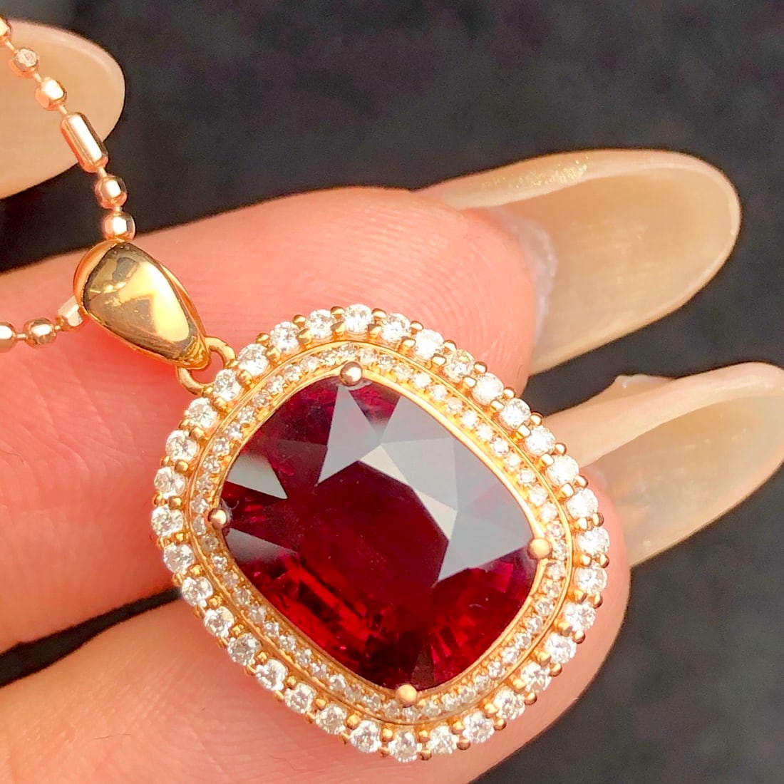 14k Gold 5.55 Ct Natural Tourmaline & Diamond Pendant( Without Chain ): Ref:231110131 // gold content:14k gold // main gemstone:tourmaline // shape:cushion // carat weight:5. 55ct // color:red // treatment:natural // // adjacent gemstone 2 : diamond // number of