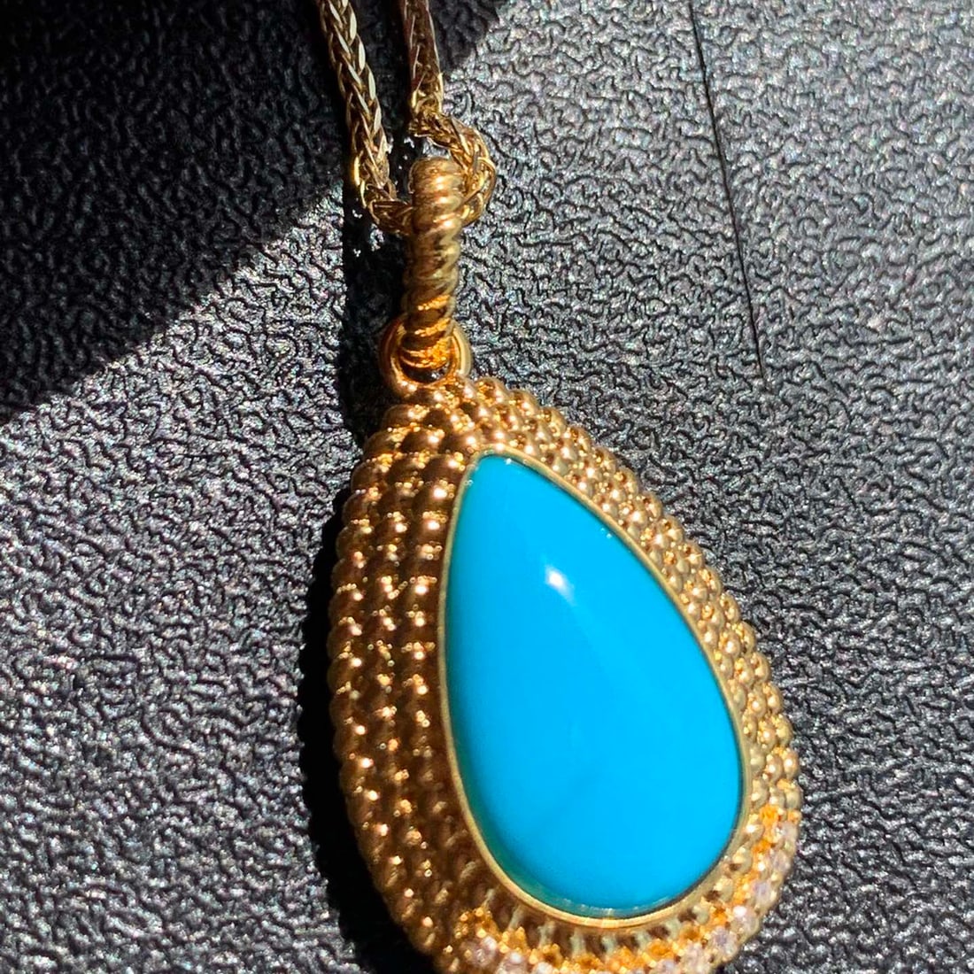 14k Gold 3.1 Ct Natural Blue Turquoise Pendant( Without Chain ): Ref:231110133 // gold content:14k gold // main gemstone:blue turquoise // shape:pear // carat weight:3. 1ct // color:blue // treatment:natural // Condition: New Low Estimate: 2600.00 High Estimate: