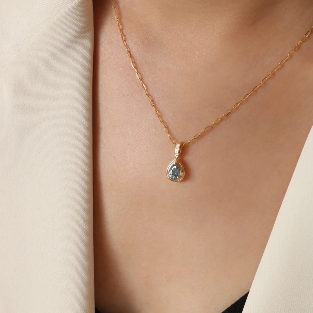 14k Gold 1.04 Ct Natural Aquamarine & Diamond Pendant( Without Chain ) - 2